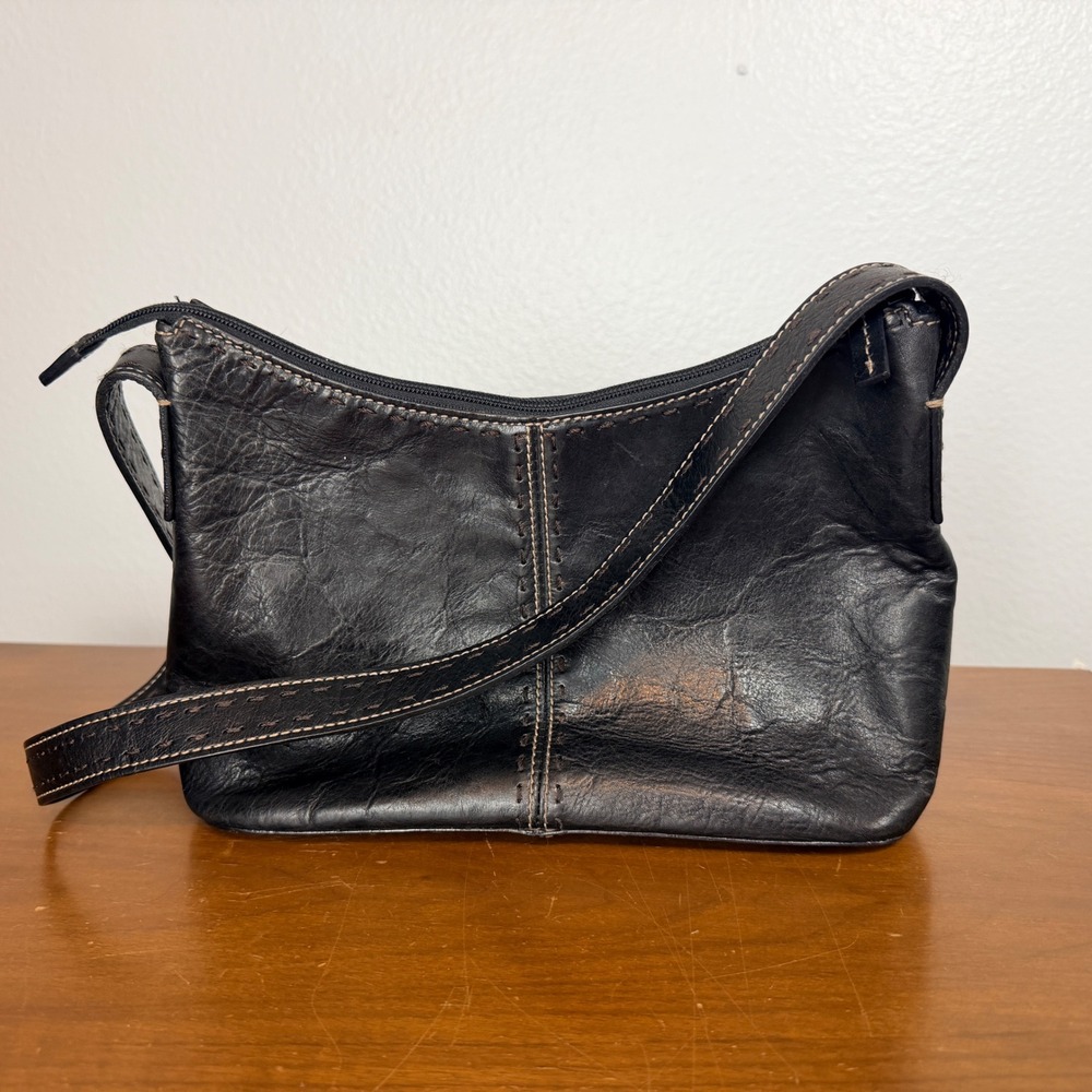 Fossil‎ Mini Shoulder Bag Purse Women's Black Leather Contrast Stitching Y2K